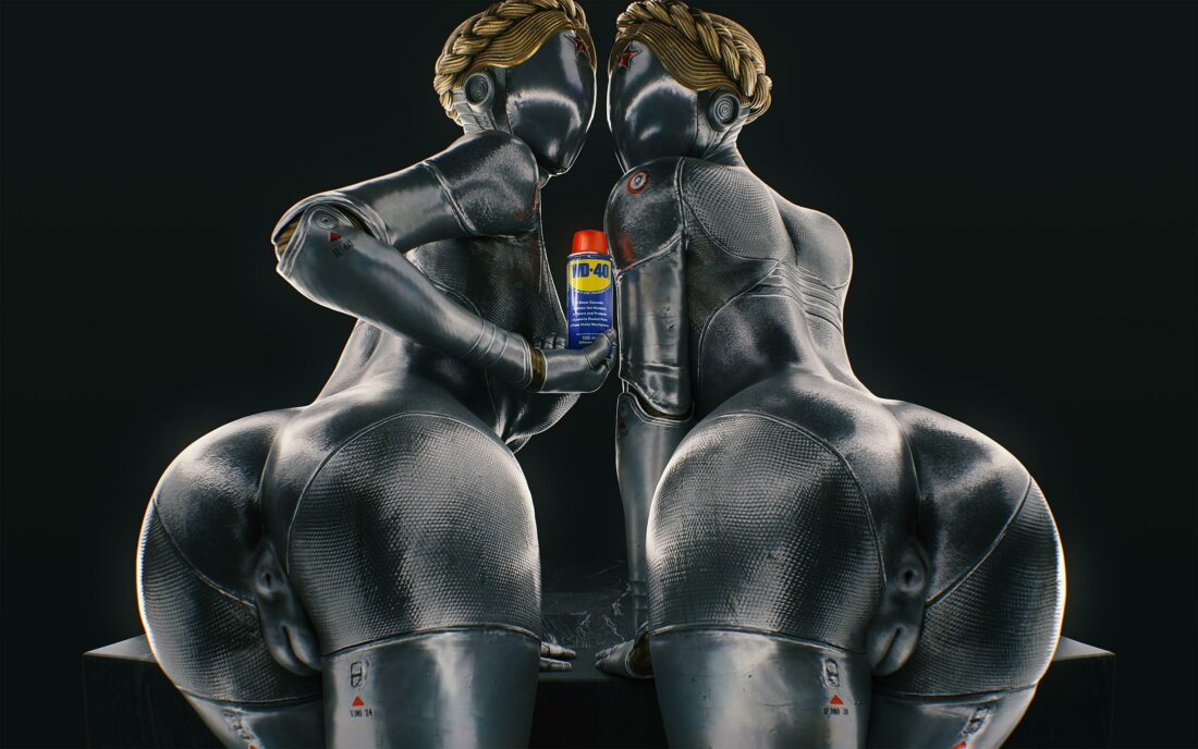 Twins from Atomic Heart stays backside bowing, showing their genitalia and keeping a can of WD40 lube