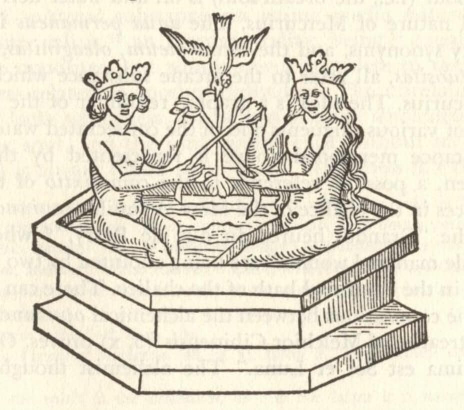 alchemical wedding woodcut print from Philosophers Rosarium