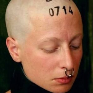 Lisa 0714 slave with shaved head and nose ring and posture collar